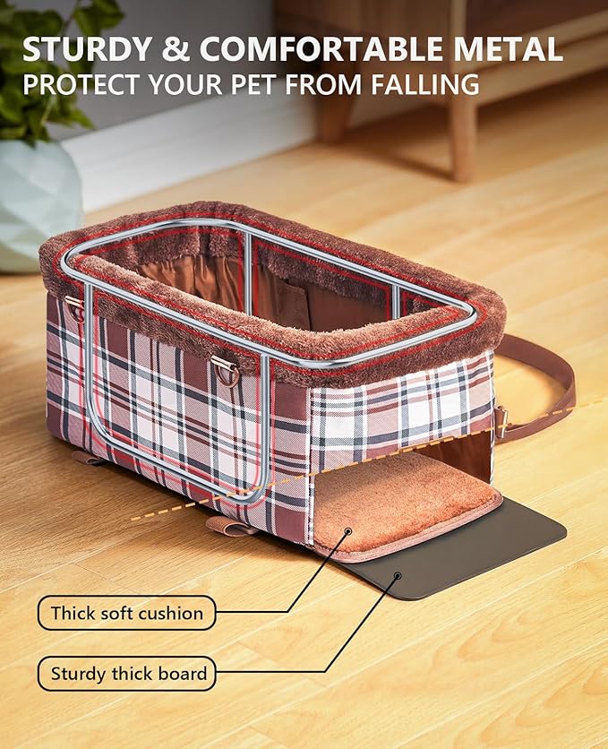 Center Console Dog Car Seat, Puppy Carseat for Small Dogs, Cat Car Seat with Metal Frame and Double Protection Seat Belts, Pet Booster Seat with Washable Cushion and Clip-on Leash Cute Plaid