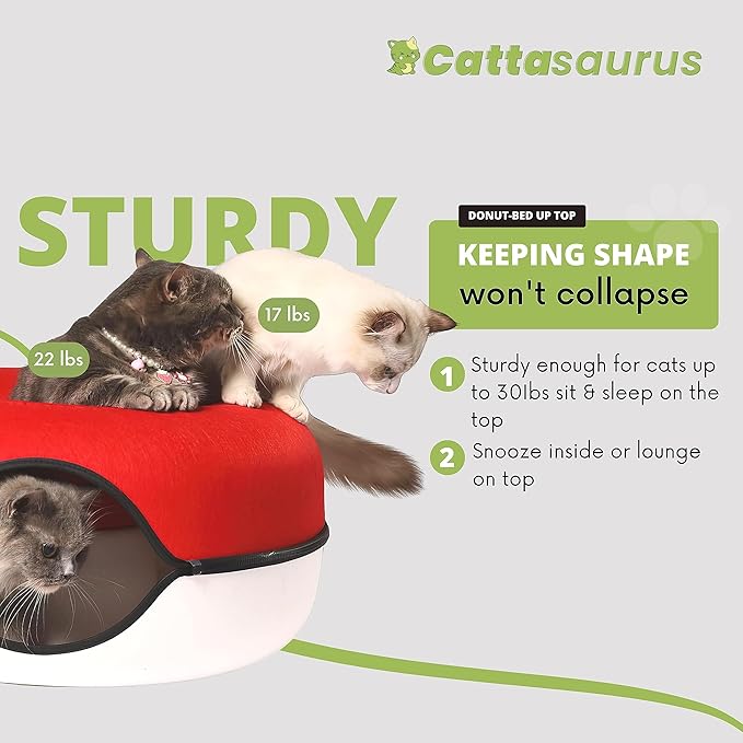 Cattasaurus Peekaboo Cat Cave Donut for Multiple & Large Cats up to 30-45 lbs, 3-in-1 Self Warming Cat Bed, Tunnel & Scratcher for Indoor Cats, Washable & Detachable Dog Bed (Ruby Snowball, Large)