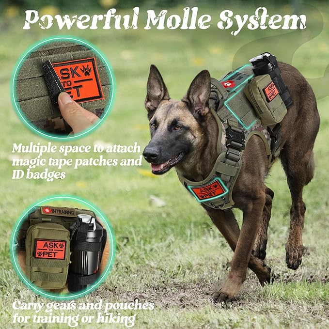 rabbitgoo Tactical Dog Harness Medium Sized, Heavy Duty Pet Harness with Handle, No-Pull Service Vest Medium Breed, Adjustable Military Dog Vest for Training Hunting Walking, Green Camo, M