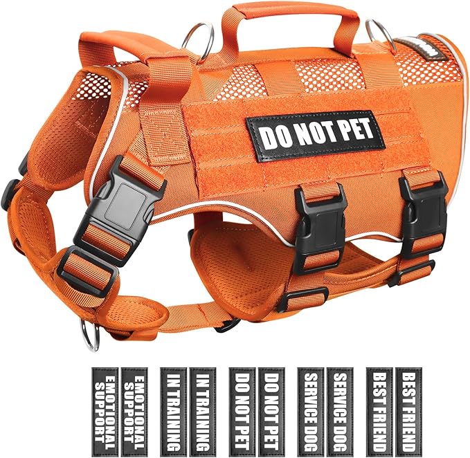 WINSEE Mesh Dog Harness with 10 Pet Patches for Large Service Dog in Training, Breathable Tactical Molle Vest with Double Handles, Reflective Military Pet Vest for Walking Hiking