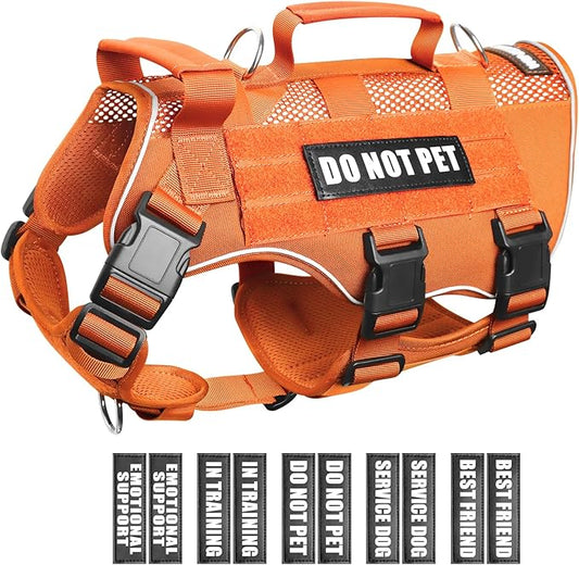 WINSEE Mesh Dog Harness with 10 Pet Patches for Large Service Dog in Training, Breathable Tactical Molle Vest with Double Handle, Reflective Military Pet Vest for Walking Hiking