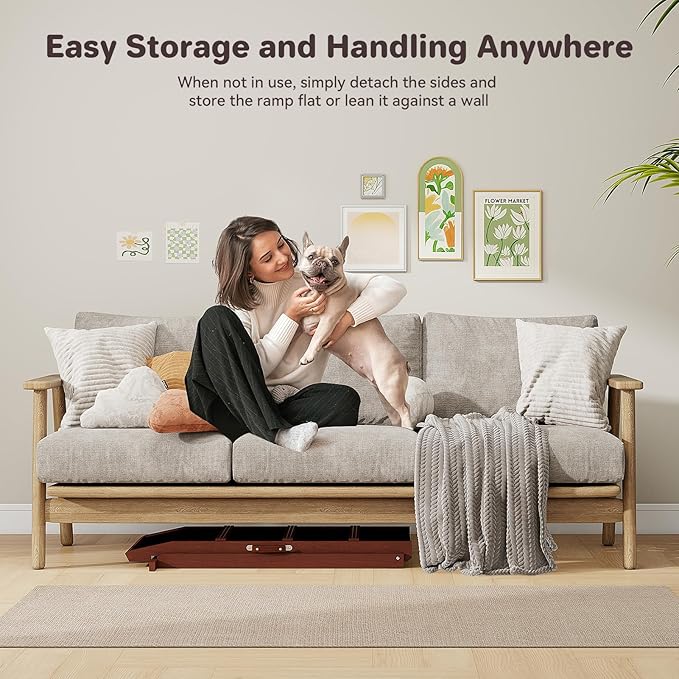 Walnut Wooden Dog Ramp for Bed Folding Pet Ramp for Dogs,Including Non Slip Mat & Safety Side Rails Adjustable Dog Bed ramp from to Up to 132 lbs