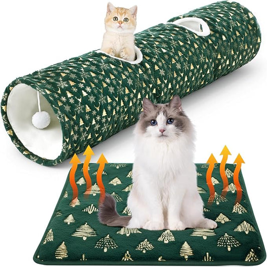 Thyle 2 Pcs Christmas Straight Cat Tunnel with Plush Inside & Self Warming Pet Bed 49 ×12 Inch Green Collapsible Pet Tube for Indoor Cats Include Balls Peek Hole Xmas Tree Snowflakes Self Heating Mat
