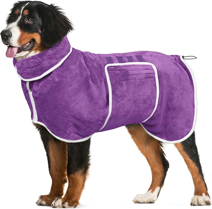 Dog Bathrobe Towel Dog Drying Coat - Super Absorbent Towels Bath Robe for Dogs Large, Soft Adjustable Collar & Belly Strap Fast Drying Coat Pet Cat Bath Robe (Violet, Medium)