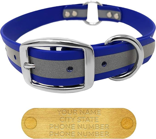 Regal Dog Products Large Blue Reflective Dog Collar with Custom Engraved Name Plate and Heavy Duty Center Ring | Waterproof Biothane Personalized Dog Collars - Other Sizes for Small & Medium Dogs