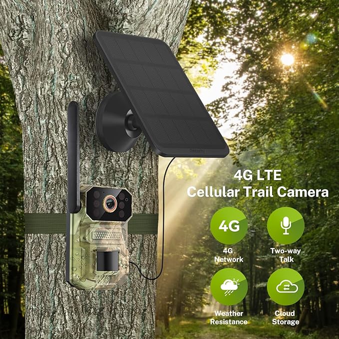 1080p 4G LTE Cellular Camera with Solar Panel, Smart AI Motion Detection, 2-Way Audio, Crisp Night Vision, Cloud Storage, Outdoor Surveillance Security Cam