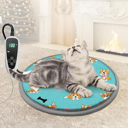 Cat Heating Pad Round-D16in Pet Heating Pads for Cats Waterproof Smart Thermostat Switch, Adjustable Heated Cat Bed,Adding Wire Rope Wires -Blue