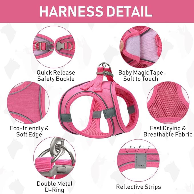 GAMUDA Small Pet Harness Collar and Leash Set, Step in No Chock No Pull Linen Fabric Soft Mesh Dog Vest Harnesses Reflective for Dogs Puppy Cats Kitten Rabbit (Pink, M)