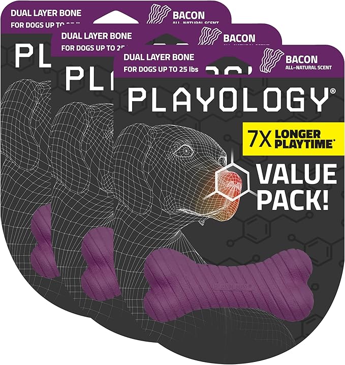 Playology Dog Toys | Dual Layer Bone Durable Chew Toy Bone for Dogs (Value 3-Pack) | Small Bacon Scented Toy - Easy to Clean and Made from Non Toxic Materials