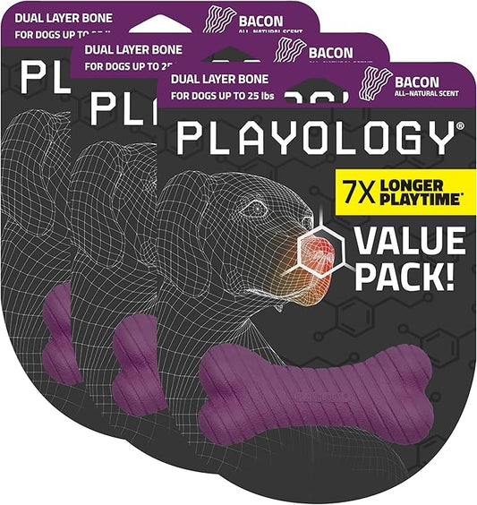 Playology Dog Toys | Dual Layer Bone Durable Chew Toy Bone for Dogs (Value 3-Pack) | Small Bacon Scented Toy - Easy to Clean and Made from Non Toxic Materials