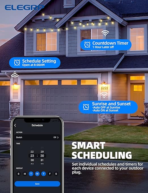 ELEGRP PQR20 Outdoor Smart Plug Waterproof IP66, WiFi Plug with 2 Individually Sockets, Compatible with Alexa & Google Assistant, Smart Outdoor Outlet for String Lights, UL Certified, 1 Pack, Black