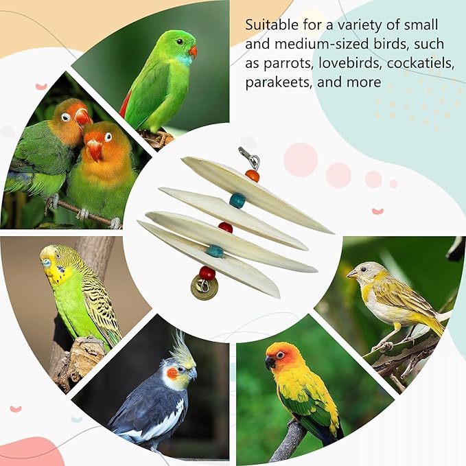 3 Pack Bird Chewing Toy Cuttlebone Parrot Toy with Bell Hanging Bird Beak Grinding Stone Parakeet Cage Accessories for Small Budgies Lovebirds Cockatiels (Flake, 4 Per Skewer)