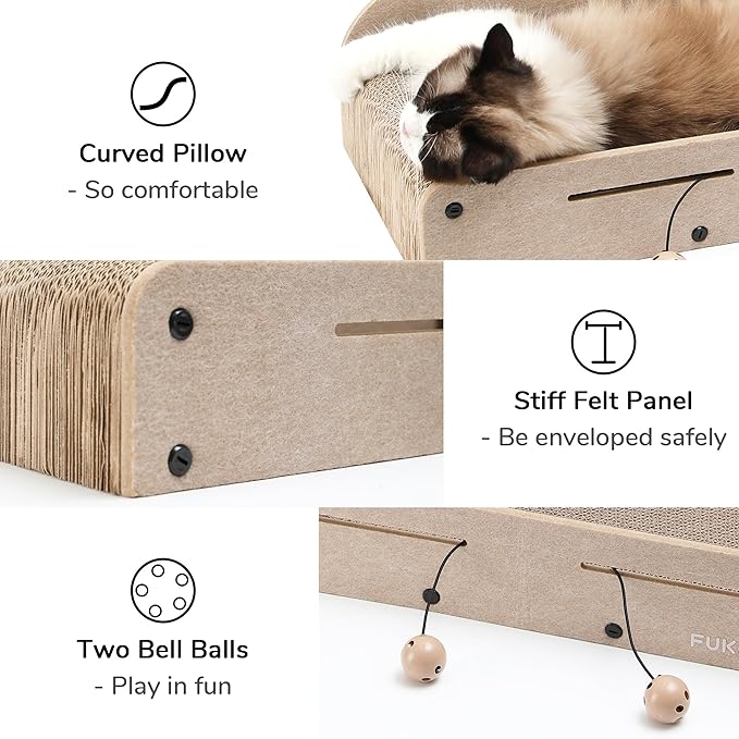 FUKUMARU 26 Inch Cat Scratcher Cardboard Lounge Bed, 2 Reversible Cat Scratch Pads Refill for Indoor Cats, Durable Cats Scratching Boards Extra Large Lounger Bed Sofa Couch with Ball Toy, Beige