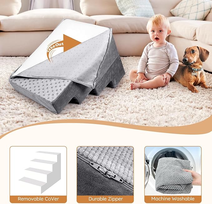 Heeyoo Dog Stairs for Small Dogs, 4-Step Dog Steps for High Bed and Couch, High-Density Foam Pet Steps with Supporting Board, Non-Slip Removable Washable Cover, Grey, 18" High