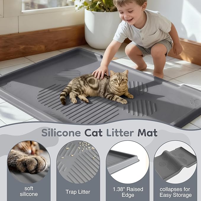 ISSEVE Cat Litter Mat 40" x 28" XL, Extra Large Silicone Mat for Litter Box, 1.38" Raised Edge Urine Proof Litter Trapping Mat Pad for Scatter Control, Soft on Kitty Paws, Protect Floor (Dark Grey)