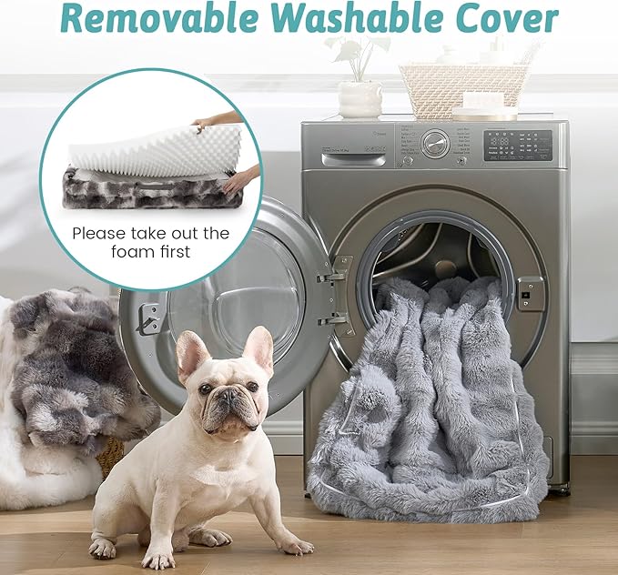 Orthopedic Dog Bed for Large Medium Size Dog, Soft and Warm Faux Fur Sofa for Pet Up to 75 lbs, Foam Bolster Anti-Slip Couch with Washable Removable Cover, L 36x27x6.5 inch, Tie Dye Grey