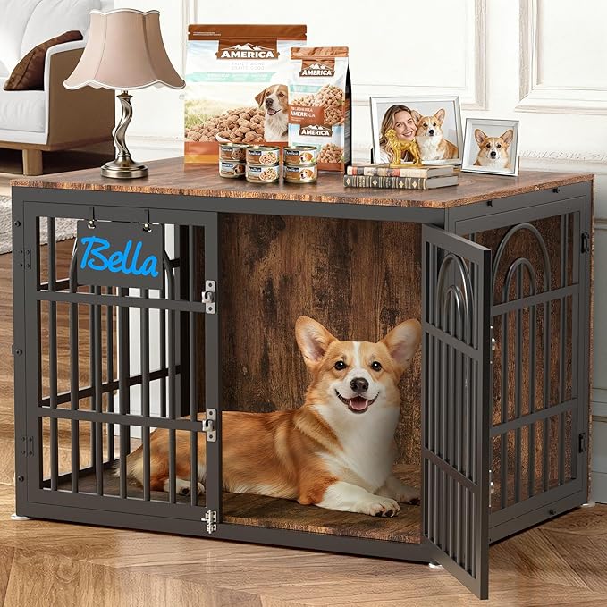 38" Dog Crate Furniture, Heavy Duty Dog Crates, Dog Kennel Furniture Indoor for Medium Dog as TV Stand, Wooden Cage End Table for Indoor Decoration, Name Tag Escape-Proof Locks & Double Door