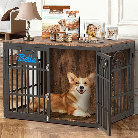 38" Dog Crate Furniture, Heavy Duty Dog Crates, Dog Kennel Furniture Indoor for Medium Dog as TV Stand, Wooden Cage End Table for Indoor Decoration, Name Tag Escape-Proof Locks & Double Door