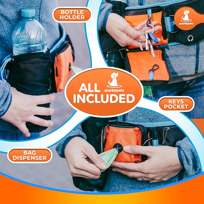 SparklyPets Double Bungee Waist 2 Dog Leash with Back Brace – Dual Dog Leash for Medium/Large Breeds – Running Belt Fanny Pack with Phone, Waste, Treat, and Bottle Pockets