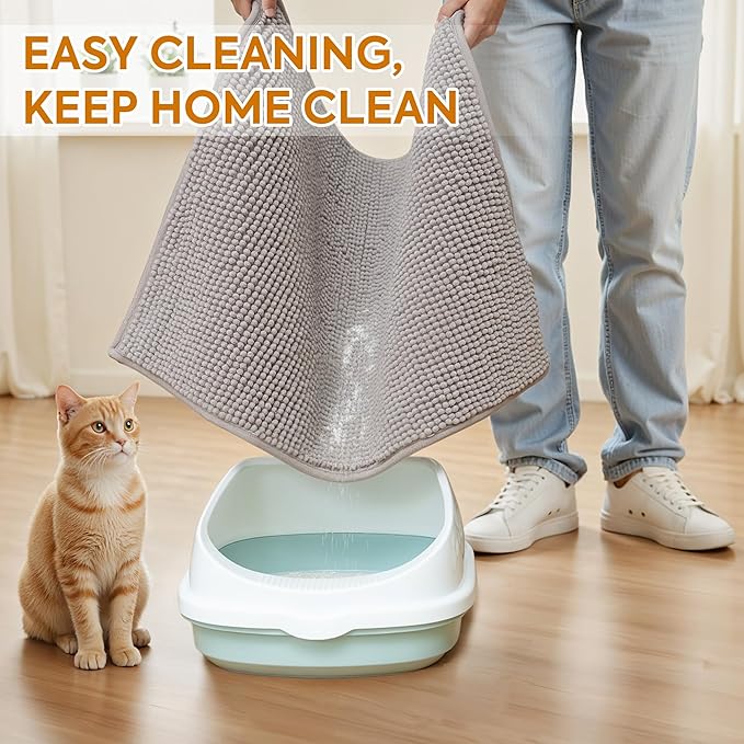 Pieviev Chenille Cat Litter Mat for Litter Box, 48"x36" Soft Ultra Absorbent Mat, Waterproof & Non-Slip, Easy to Clean Litter Trapping Mat for Indoor Cats, Gray
