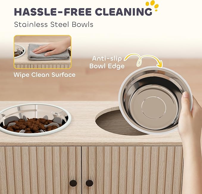 PawHut Elevated Dog Bowls with Storage Cabinet, Raised Dog Bowl Stand, Pet Feeding Station with Slow Feeder & Non-Slip, for Large Pets, Oak