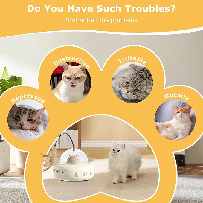 hooroor 2-in-1 UFO Laser Cat Toy with Feather, Automatic Motion Smart Sensor Interactive Toy for Indoor Cats & Small Dogs, Rechargeable 360° Obstacle-Avoidance Exercise Toy, Fun Self-Play Pet Gift