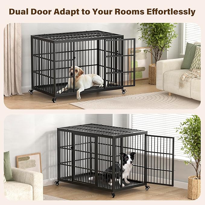 VERIFURTY 48 Inch Heavy Duty Dog Crate for Large Dogs with Self-Locking Latch, Escape-Proof Steel Kennel Indoor, XL Large Double Door Metal Pet Cage with Wheels