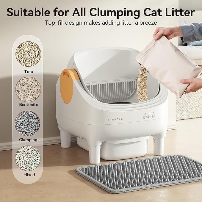 Thereye Self Cleaning Cat Litter Box, Open-Top Automatic Litter Box with Smart App and Safety Sensors, Large Auto Litter Box for Multiple Cats, 10L Waste Bin with Odor Control, Includes Trash Bag
