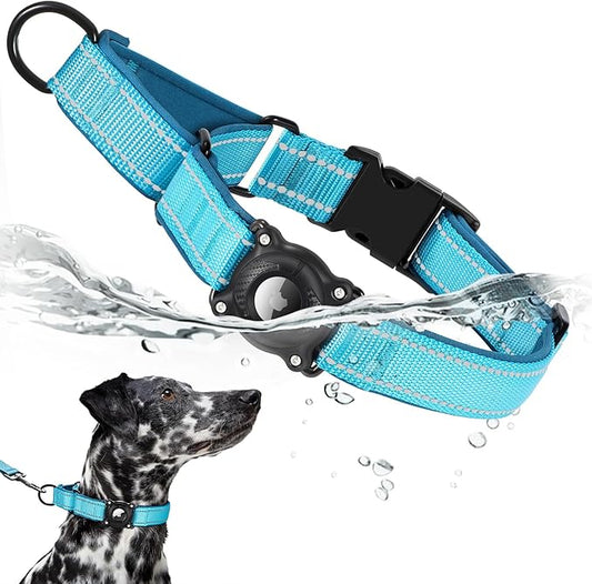 Airtag Dog Collar with Martingale Design, IP68 Waterproof Air Tag Collar Holder, Adjustable Reflective Soft Padded Nylon Dog Collar for Large Medium Small Dogs