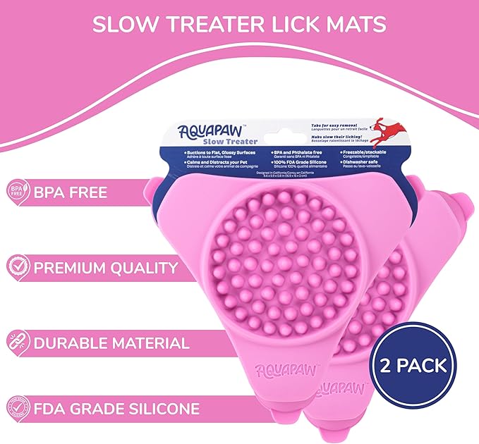 Aquapaw Lick Mat for Dogs 2-Pack, Suction Cup Dog Slow Feeder Pad & Licking Mat for Peanut Butter Treats – Calming Dog Bathing Aid, Stress Relief & Mental Stimulation for All Breeds - Pink