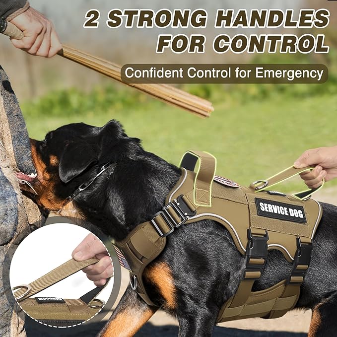 Tactical Service Dog Vest Harness and Leash Set,Heavy Duty Dog Harness with Metal Buckles for Large Dogs,Adjustable No Pull Pet Vest with 10 Patches,for Training Working,Brown L