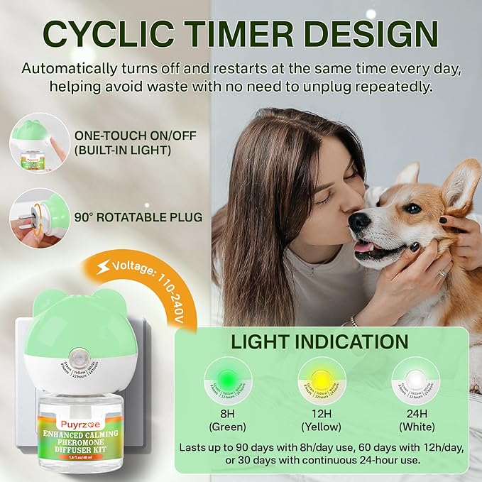 Dog Calming Diffuser with Timing Functions, 3-in-1 Dog Anxiety Relief Diffuser Kit, 120-Day Anxiety Relief, Stress Relaxation Pheromones Calming for All Dogs (1 Diffusers + 2 Refills)