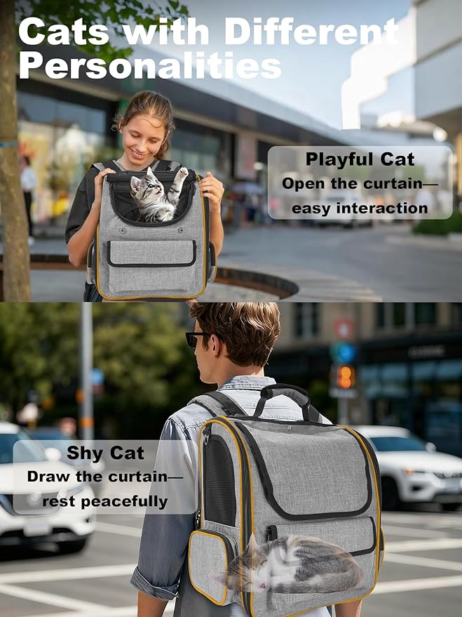 Expandable Cat Carriers for Cats and Small Dogs,Travel Bag with Breathable Mesh Windows, Anti-Escape Leash, Soft Cushion and Lightweight Design,Gray Orange