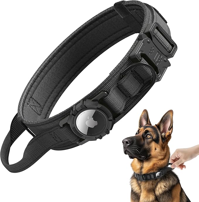 Tactical AirTag Dog Collar - Heavy Duty, Adjustable GPS Collar Compatible with Apple AirTag, with Holder & Control Handle for Medium/Large Dogs [ Black, XL ]