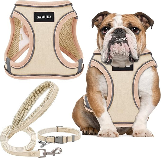 GAMUDA Small Pet Harness Collar and Leash Set, Step in No Chock No Pull Linen Fabric Soft Mesh Dog Vest Harnesses Reflective for Dogs Puppy Cats Kitten Rabbit (Khaki, L)