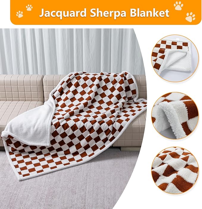 Waterproof Pet Blanket,Dog Bed Covers Couch Sofa Stylish Jacquard Pets Throw Blankets for Puppy Cats Washable Reversible Furniture Protection Covers (Coffee Check,L)