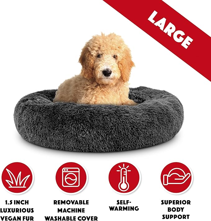 The Dog's Bed Sound Sleep Donut Dog Bed, Grey Fur Large Removable Cover Calming Nest Bed, Veterinary Approved