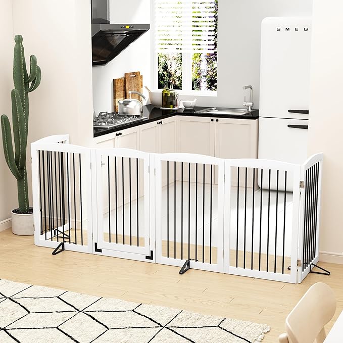 Freestanding Pet Gate with Door, Tall Dog Gate for House, Extra Wide, Pet Puppy Safety Fence, Support Feet Included, 120 Inch Wide, 6 Panels 32" Tall, White & Black