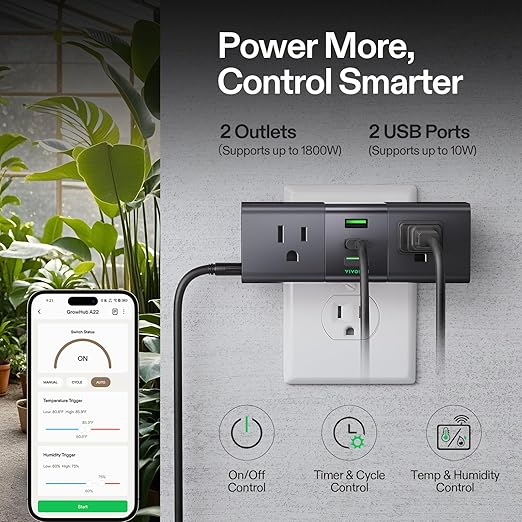 VIVOSUN GrowHub Outlet Controller A22 with Temperature and Humidity Sensor Probe, Smart Environmental WiFi-Controller, Smart Plug, Thermostat, 15A 1800W, Compatible with Vivosun App for Grow Tent