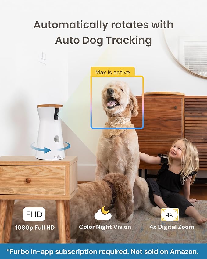 Furbo 360° Dog Camera [Subscription Required] Unlock w/Paid Plan: Home Security & Dog Safety Alerts, Rotating Pet Treat Toss w/ 2-Way Speaker, Smart Cam w/Phone App (Low Risk, 3mo Min. Cancel Anytime)