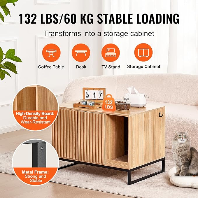 VEVOR Cat Litter Box Enclosure, Hidden Litter Box Furniture, Wooden Cat Washroom Indoor with 2 Doors & Sturdy Metal Legs, Cat House Cabinet Hidden Fit Most Litter Box, 31.5"L x 20"W x 22"H, Brown