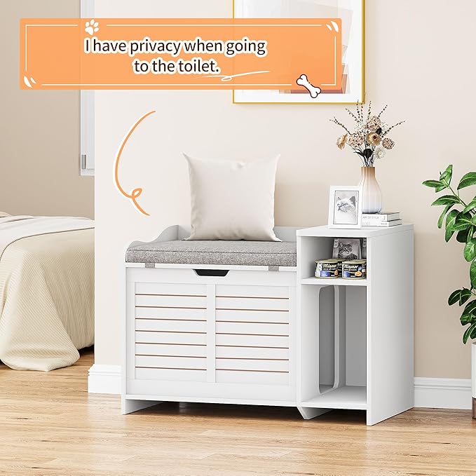 Cat Litter Box Enclosure Furniture with Top Opening and Cushion, Hidden Litter Box Cabinet with Storage, Privacy Cat Box Enclosure, White
