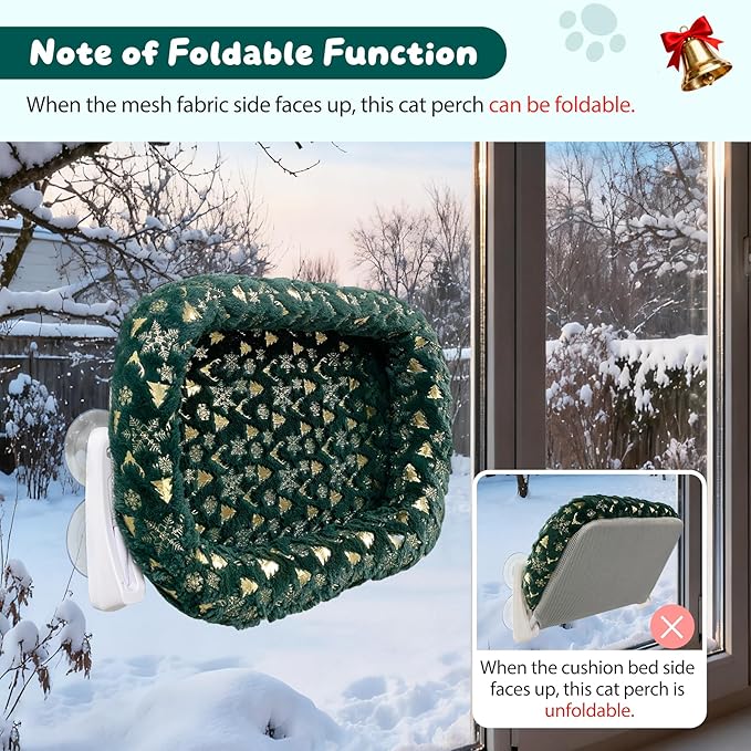 L&W BROS. 2-Pack Foldable Cat Window Perches with Christmas Cushion Bed – Easy to Assemble Cats Hammock for Window, Warm Indoor Cat Beds for Large Cats, Edition(L 2Pc)