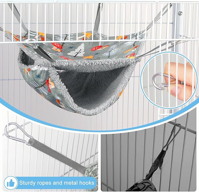 Bienbee 2 Pcs Ferret Rat Hammock Set for Cage Washable Guinea Pig Hideout Bed Soft Small Animal Hammock Tunnel Toys Ferret Cage Accessories for Hedgehog Sugar Glider Squirrel Hamster, Grey Mushroom