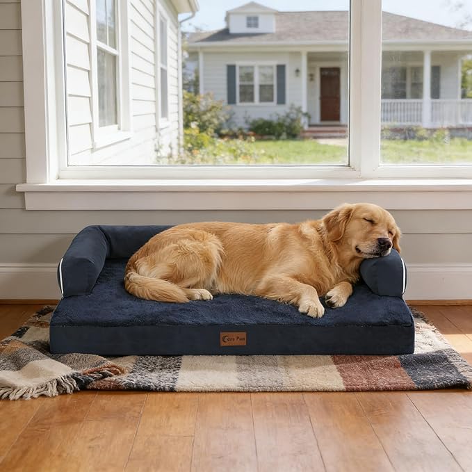 Orthopedic Dog Beds for Large Sized Dogs, Waterproof Egg Crate Foam Medium Dog Couch Beds for Crate 35x22Inch, Washable Pet Beds with Removable Cover and Nonskid Bottom, Navy Blue