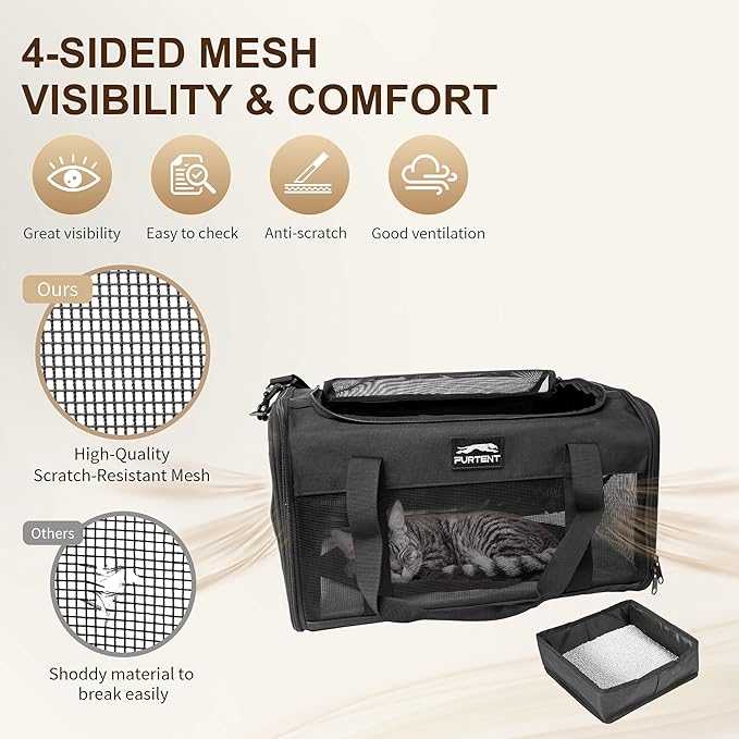 TSA Approved Pet Carrier in Cabin with Foldable Litter Box for Kittens and Small Dogs Fits Pets Up to 15 lbs, Animal Rabbit Puppy Soft Pet Carrier Portable Airline Approved, Travel for Comfort, Black