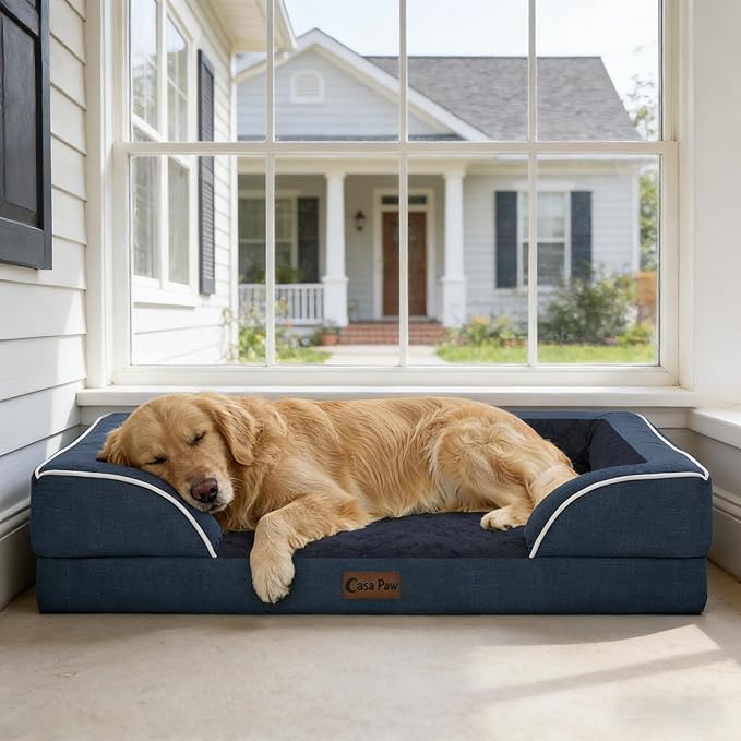 Orthopedic XL Dog Beds, Waterproof Memory Foam Big Pet Bed for Extra Large Sized Dogs 45x35Inch, Non-Slip Bottom and Egg-Crate Foam Dog Couch Bed with Washable Removable Cover, Navy Blue