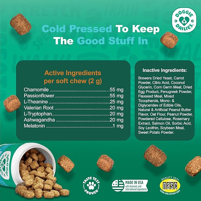 Doggie Dailies Calming Chews, Melatonin & Chamomile for Stress Relief, Relaxation & Anxiety (Peanut Butter, 225 Soft Chews)