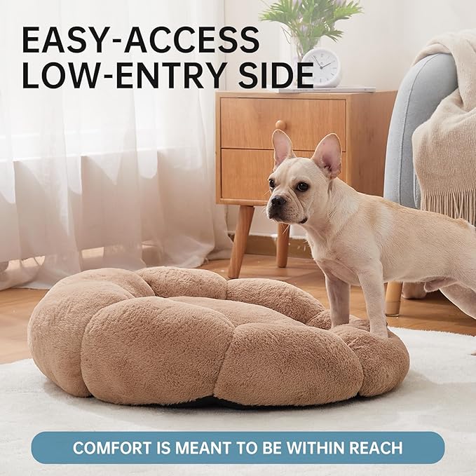 OhGeni 27 inches Calming Donut Dog & Cat Bed for Medium Pets, Warming Comfort Fluffy Short Pile Fur, Durable Machine Washable Round Bed, Cute Round Bed for Puppy and Kitten, Camel