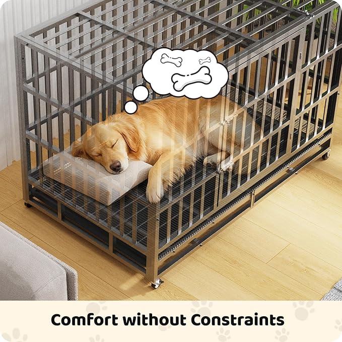Heavy Duty Indestructible Dog Crate 48in,High Anxiety Dog Crate with Removable,Escape-Proof Double Door Dog Cage,Heavy Duty Dog Kennel Indoor with Lockable Wheels for Medium Large XL XXL Dogs